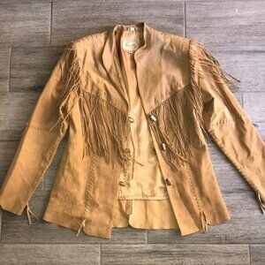 Vintage Camel Color Suede Leather Western Fringe Jacket Scully